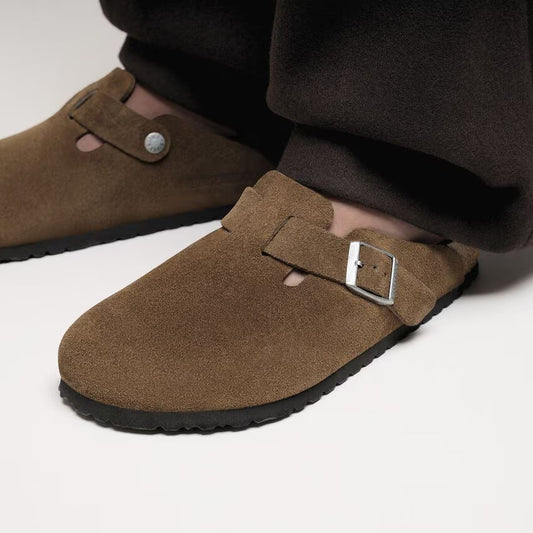 Birkenstock Boston pelle scamosciata Dark tea Marrone pianta stretta