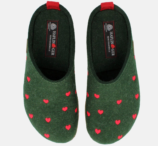 Pantofola lana cotta verde cuoricini rossi